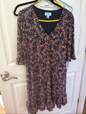 CeCe Black Midi Dress with Pink Floral Print